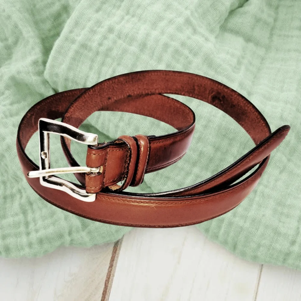 Full Grain Cowhide Brown Leather Men's Belt with Silver Buckle